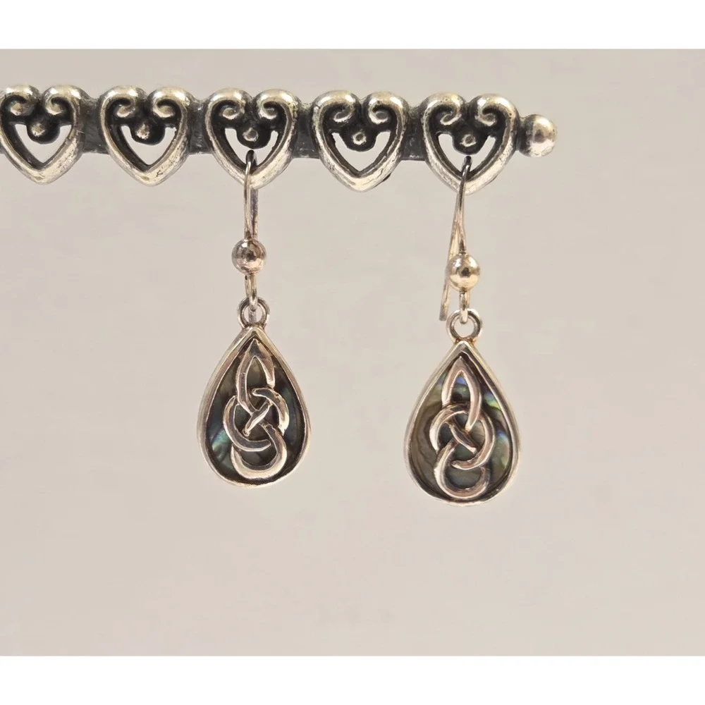 Vintage Sterling Silver Celtic Knot Abalone Shell Dangle Earrings